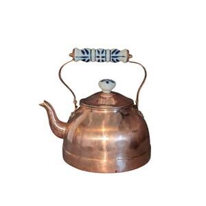 Vintage Antique Copper Tea Kettle W/ Blue White Ceramic Handle & Lid
